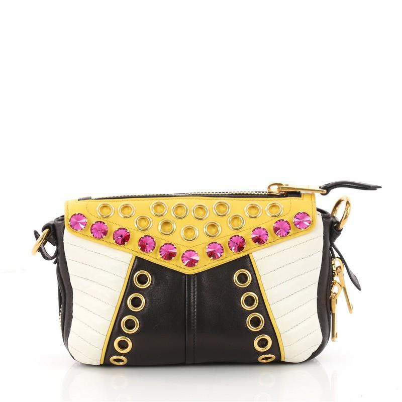 Miu Miu Biker Crystal Shoulder Bag Grommet Embellished Leather Small In Good Condition In NY, NY