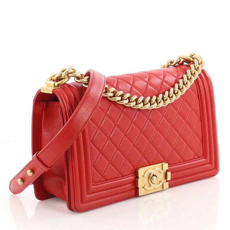 Red Chanel Boy Flap Bag Quilted Lambskin Old Medium