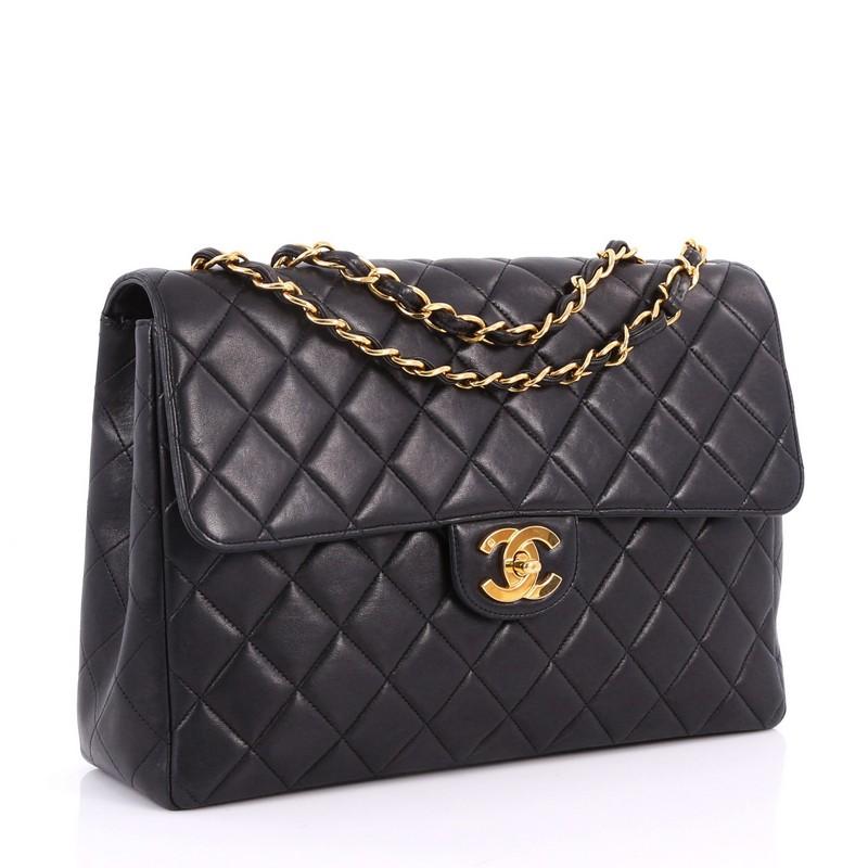 Black Chanel Vintage Classic Single Flap Bag Quilted Lambskin Jumbo
