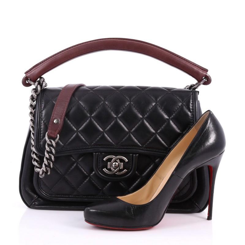 This authentic Chanel Prestige Flap Bag Quilted Calfskin Large is an elegant flap bag perfect for the modern fashonista. Crafted in black quilted calfskin leather, this chic bag features sturdy leather top handle, chain-link shoulder strap with