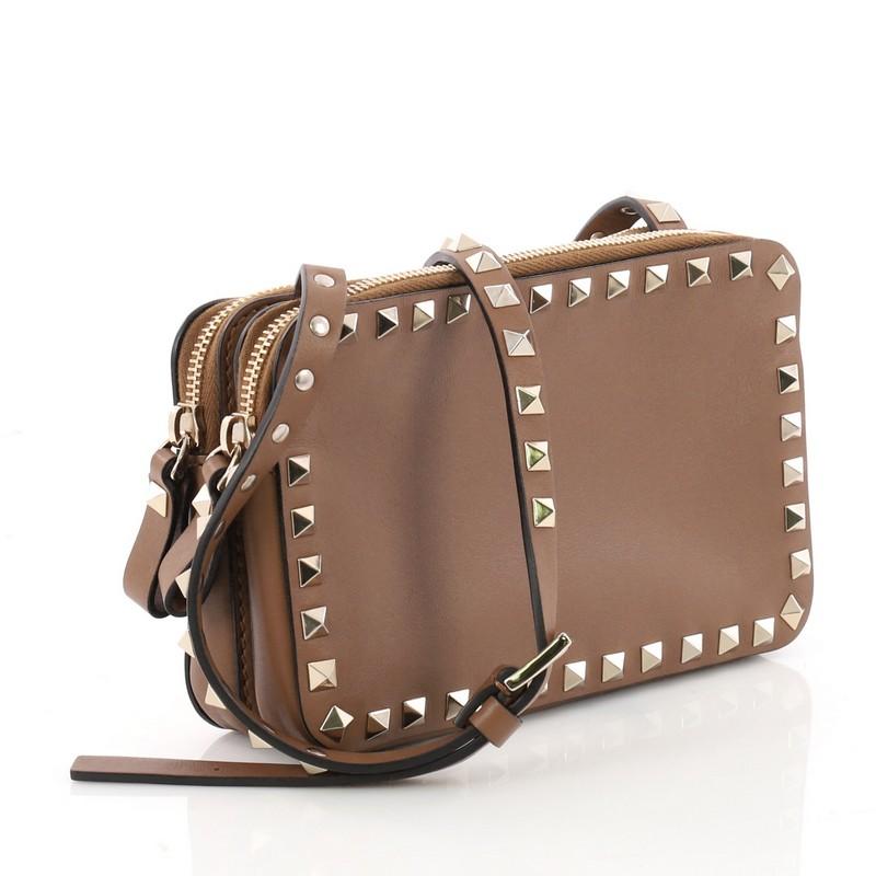 Brown Valentino Rockstud Double Zip Compartment Crossbody Bag Leather Small 
