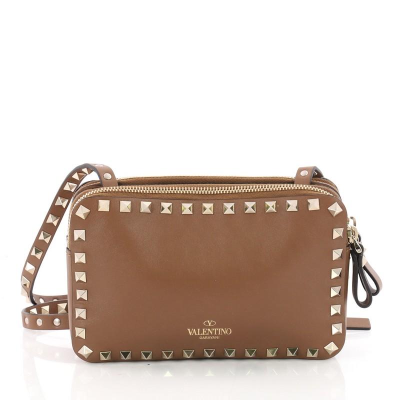 Valentino Rockstud Double Zip Compartment Crossbody Bag Leather Small  In Good Condition In NY, NY