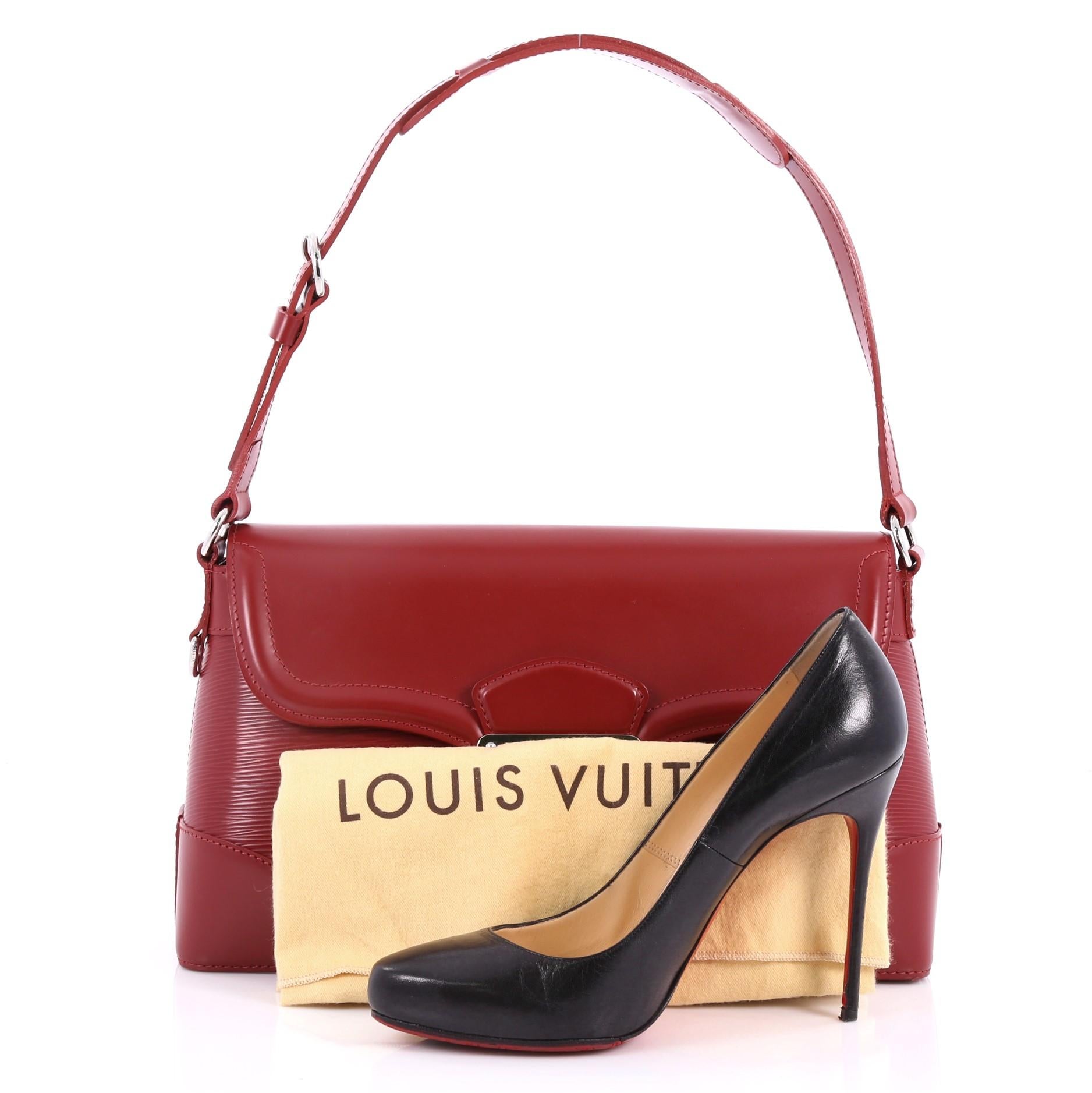This authentic Louis Vuitton Bagatelle Shoulder Bag Epi Leather PM is classic and elegant perfect for everyday use. Crafted in red epi leather, this shoulder bag features an adjustable shoulder strap, frontal flap and silver-tone hardware accents.