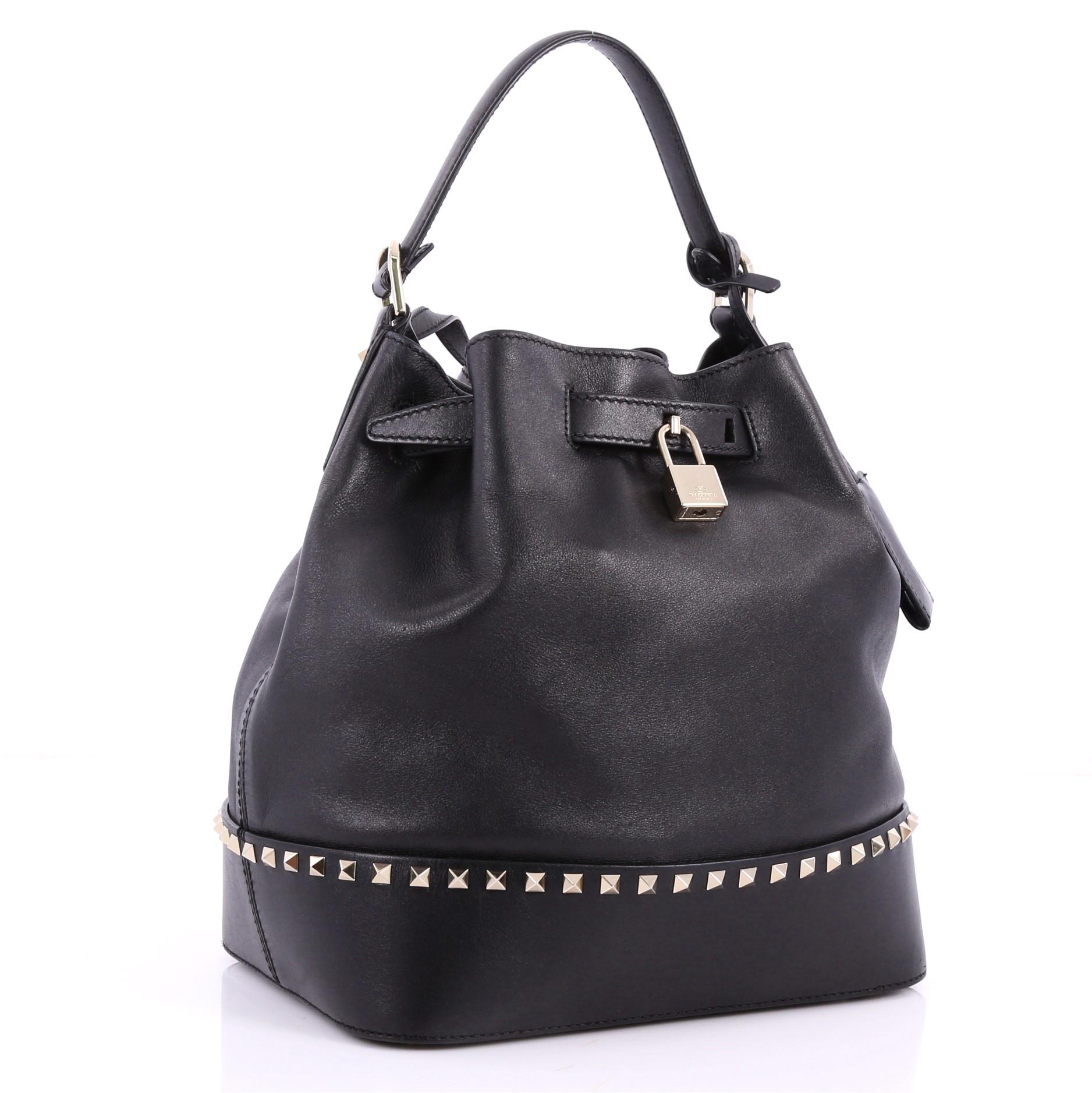 Black Valentino Rockstud Top Handle Bucket Bag Leather Medium 