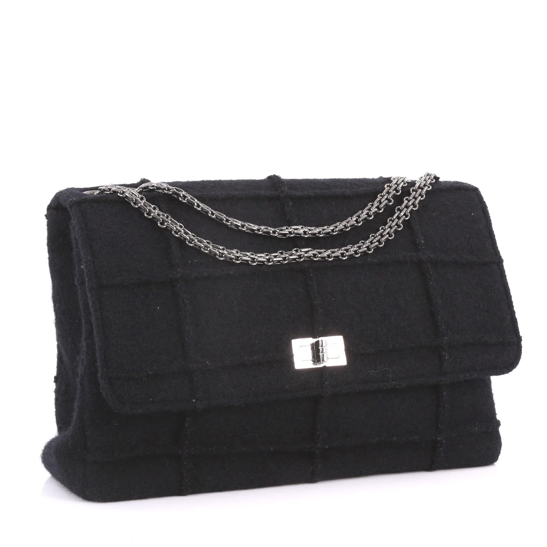 Black Chanel Chocolate Bar Mademoiselle Flap Bag Quilted Wool Jumbo