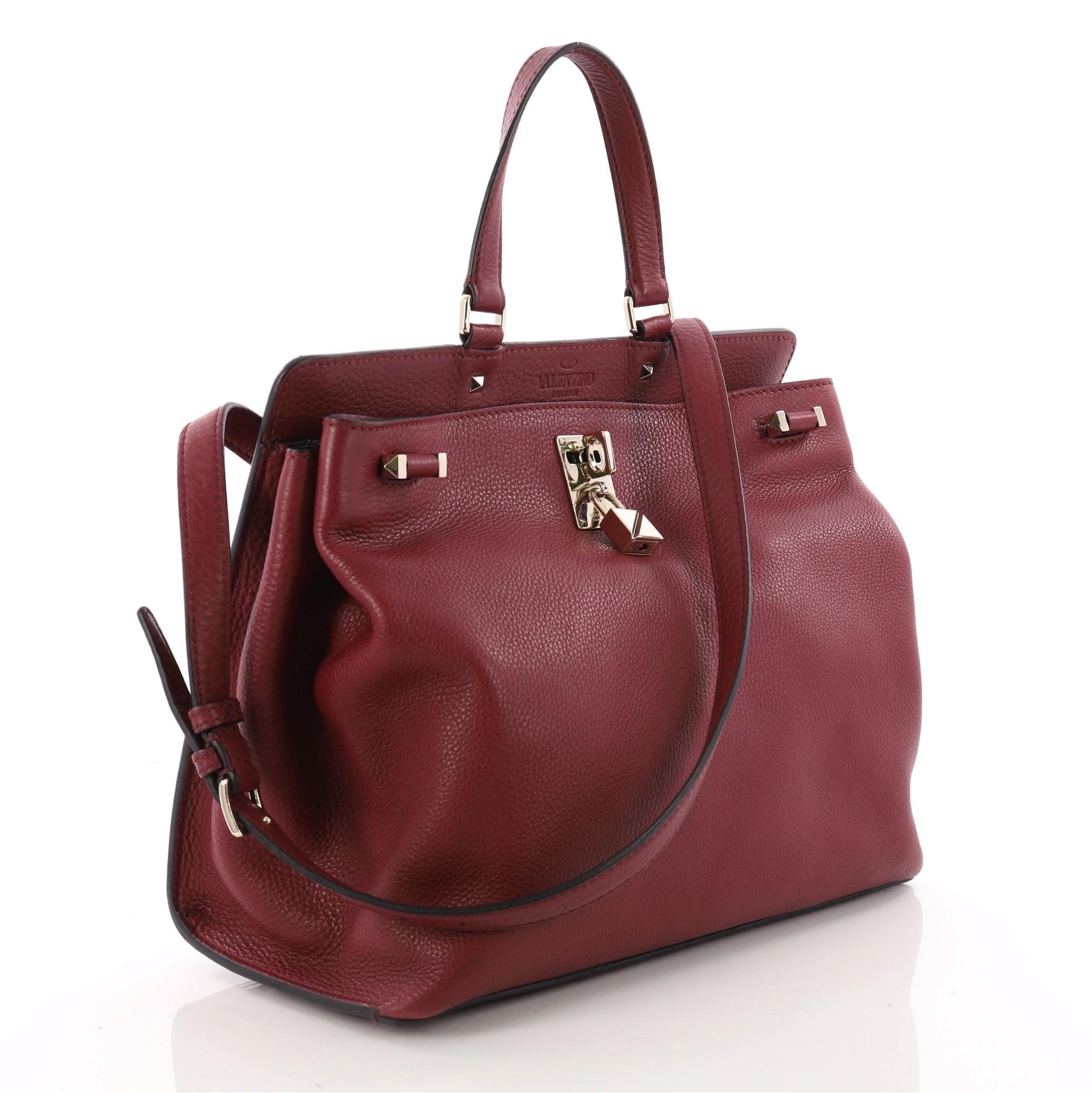 Brown Valentino Joy Lock Top Handle Bag Leather Medium