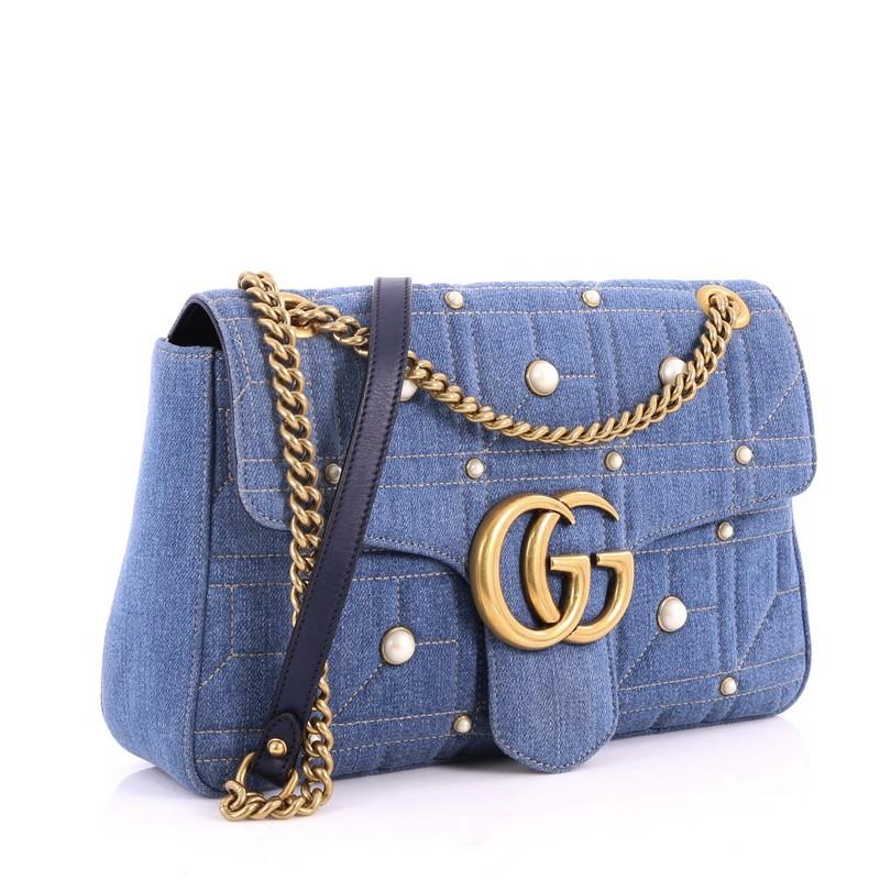 Gray Gucci Pearly GG Marmont Flap Bag Embellished Matelasse Denim Medium