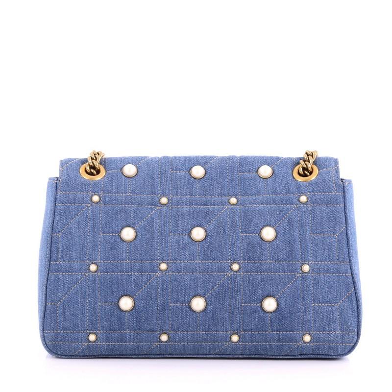 Gucci Pearly GG Marmont Flap Bag Embellished Matelasse Denim Medium In Good Condition In NY, NY