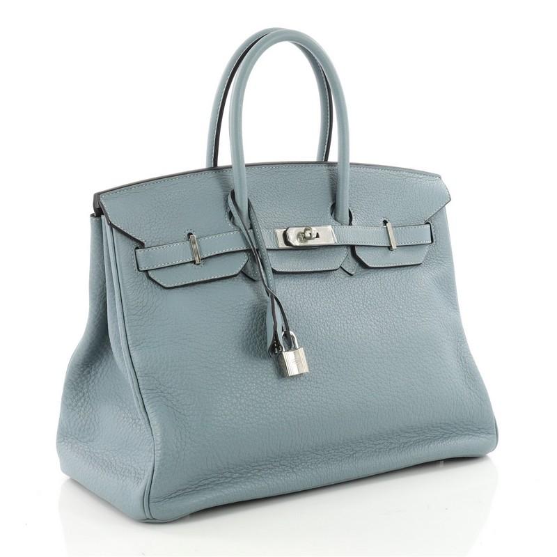 Gray Hermes Birkin Handbag Ciel Blue Clemence with Palladium Hardware 35 