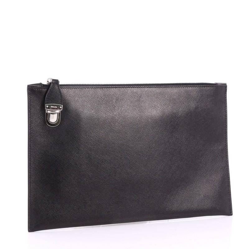 Black Prada Hand Strap Clutch Saffiano Leather Medium