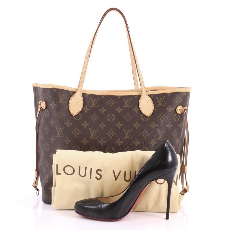 This authentic Louis Vuitton Neverfull Tote Monogram Canvas MM is a perfect companion for daily excursions. Crafted from signature brown monogram coated canvas, this iconic, easy-to-carry tote features natural cowhide leather trim, dual tall