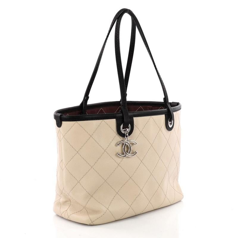Beige Chanel Fever Tote Quilted Caviar Small