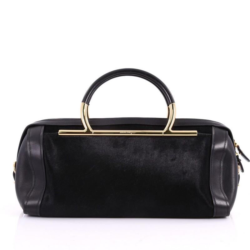Salvatore Ferragamo Gancini Handle Bowler Bag Pony Hair and Leather Large In Good Condition In NY, NY