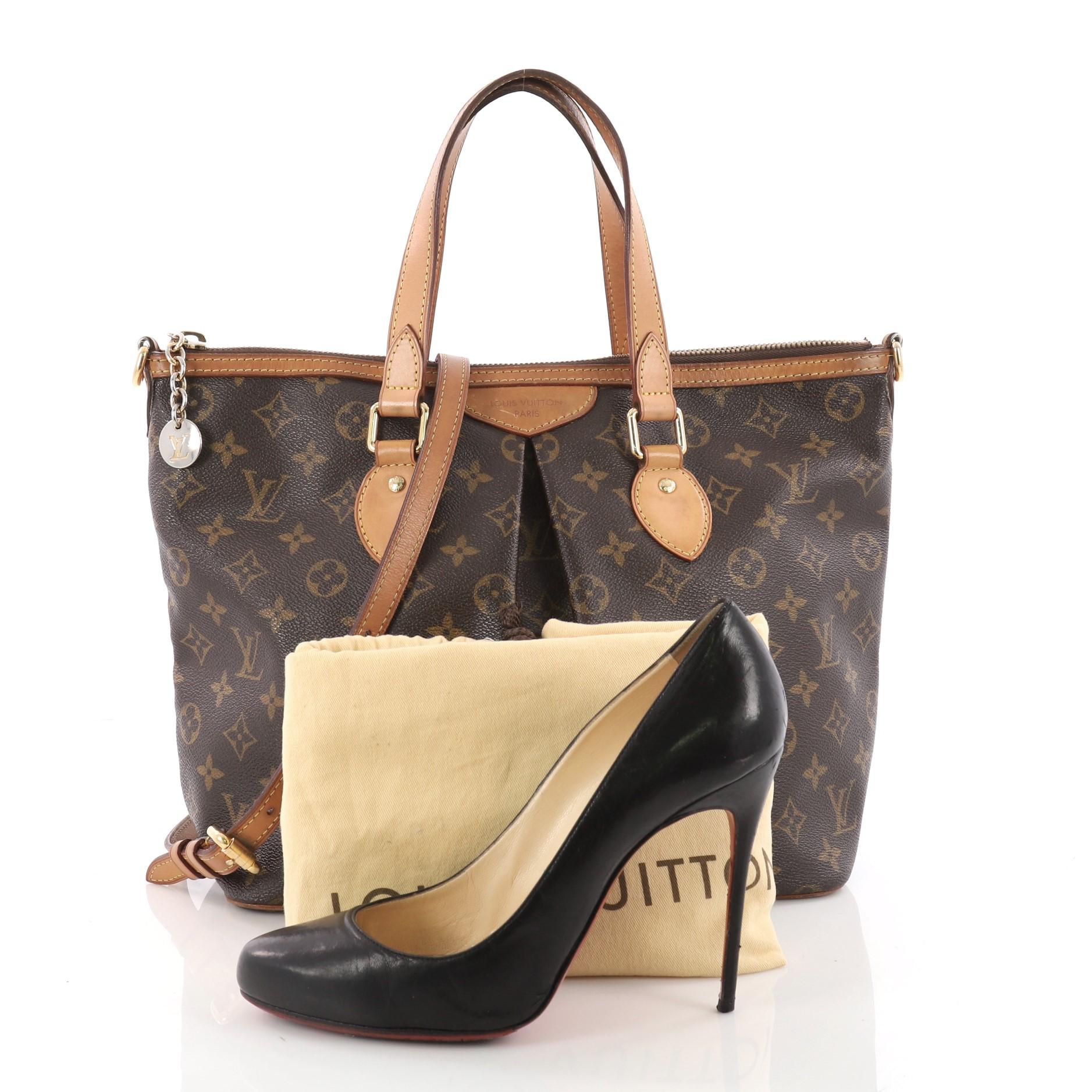 This authentic Louis Vuitton Palermo Handbag Monogram Canvas PM is a must-have for the sophisticated on-the-go woman. Crafted with Louis Vuitton's classic brown monogram coated canvas with vachetta leather trims, this beautiful bag features