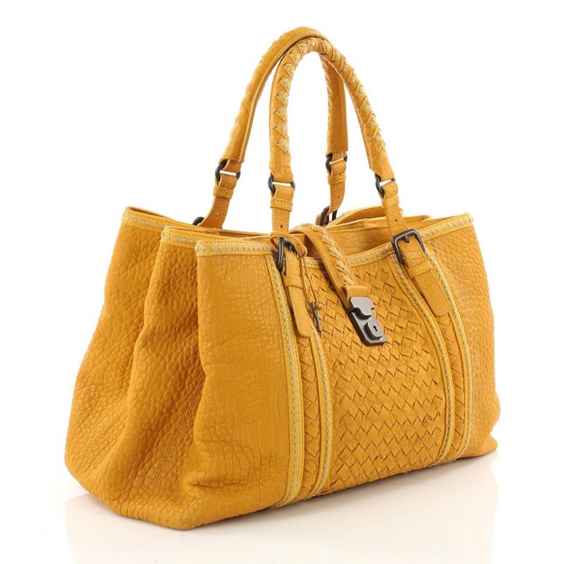 Orange Bottega Veneta Roma Handbag Leather with Intrecciato Detail Medium
