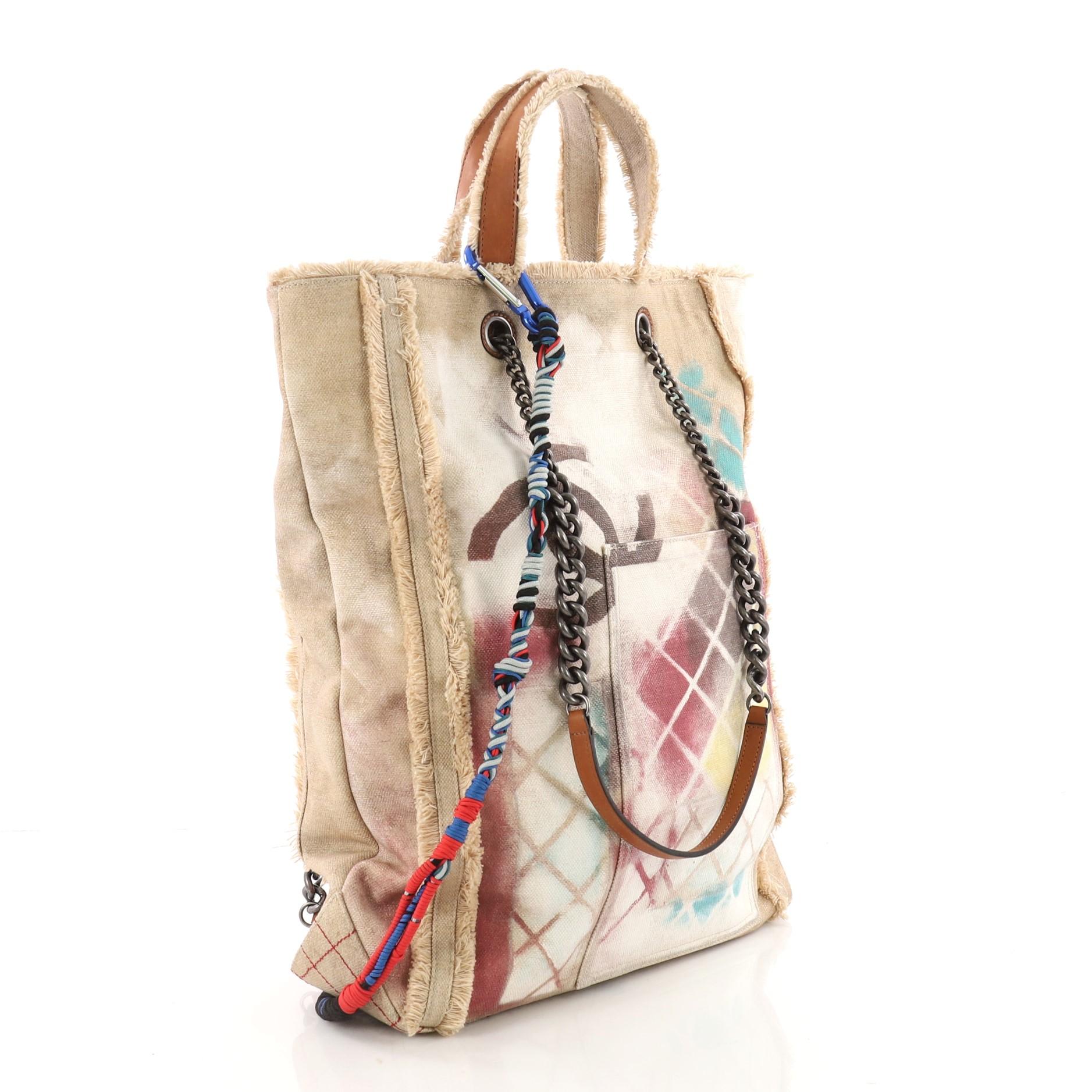 Beige Chanel Art School Oh My Boy Tote Graffiti Canvas