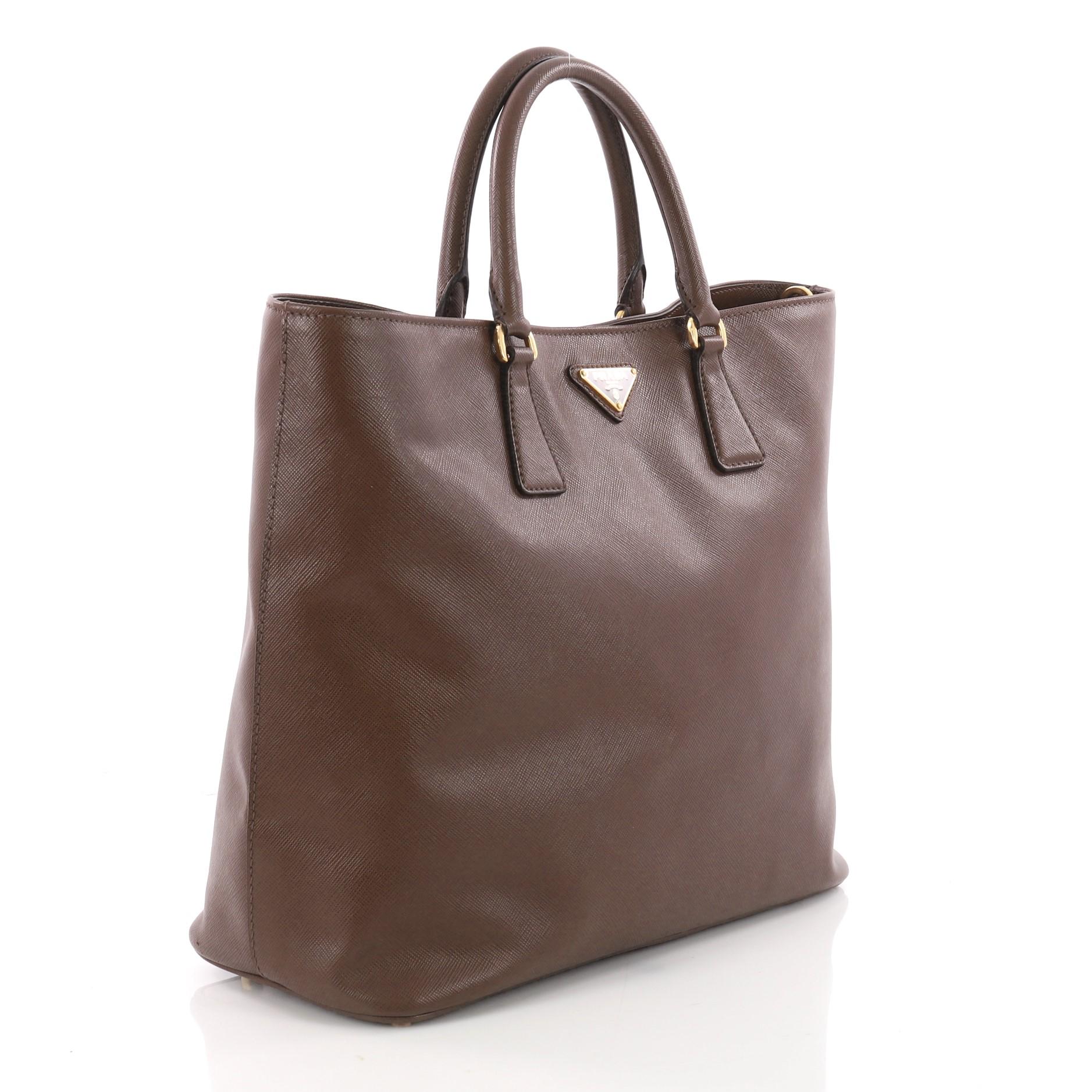 Brown Prada Convertible Open Tote Saffiano Leather Medium