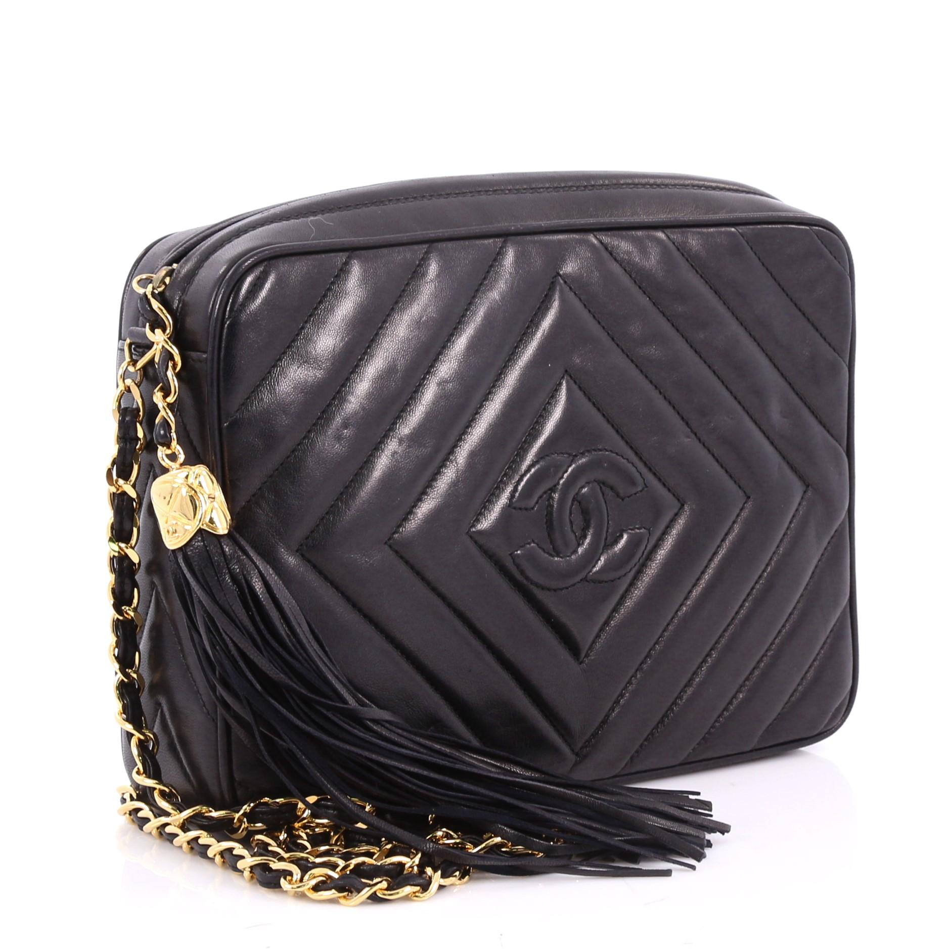 Black Chanel Vintage Chevron Camera Bag Quilted Leather Small