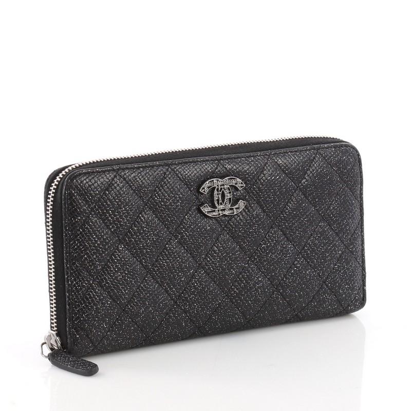 Black Chanel Zip Around Wallet Quilted Glittered Calfskin Long