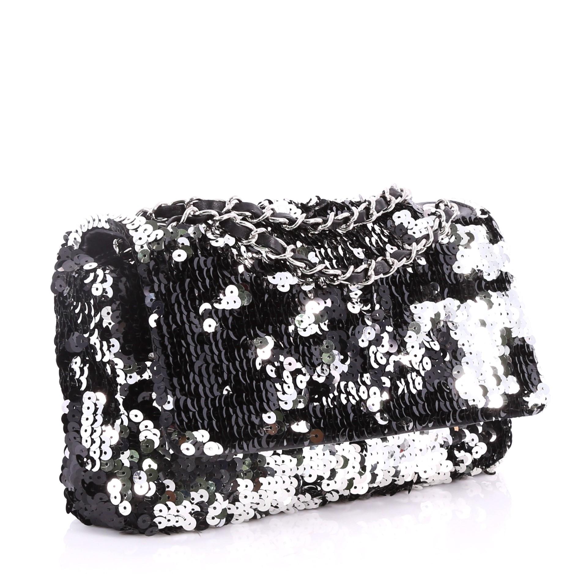 Black Chanel Summer Night Flap Bag Sequins with Leather Medium