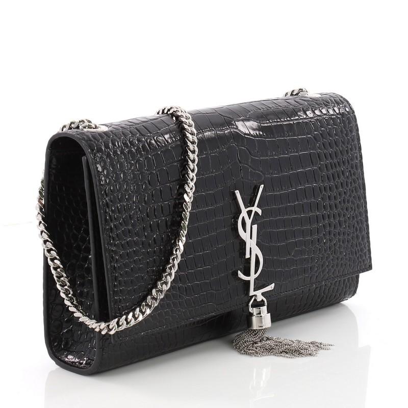 Saint Laurent Classic Monogram Tassel Crossbody Bag Crocodile Embossed Leather M In Excellent Condition In NY, NY