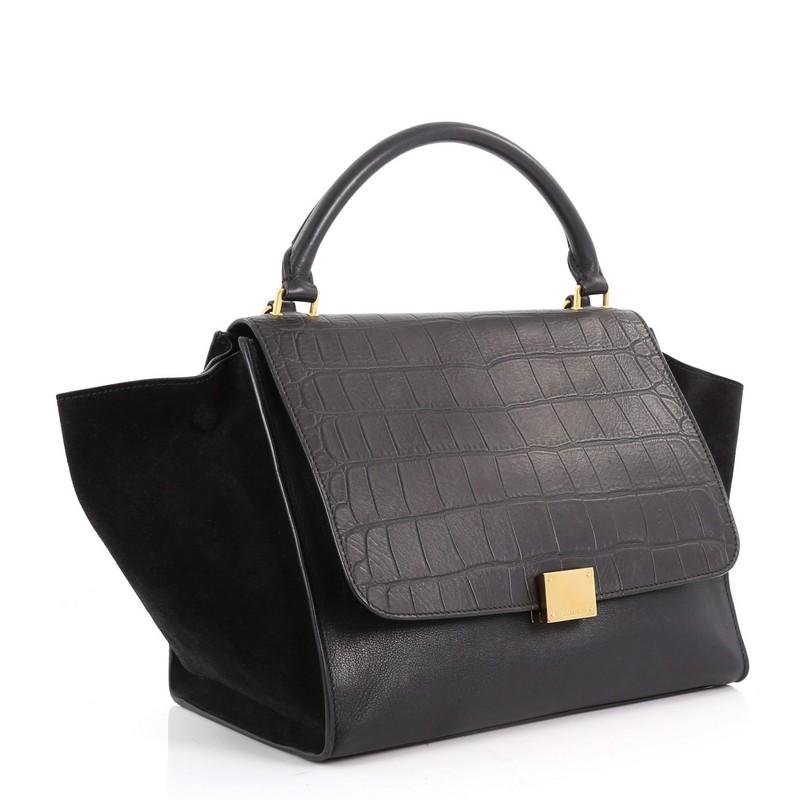 Black Celine Trapeze Handbag Crocodile Embossed Leather Medium