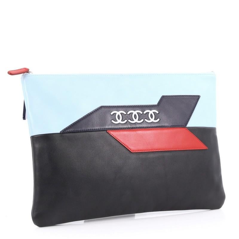 Black Chanel Airlines O Case Clutch Leather Large