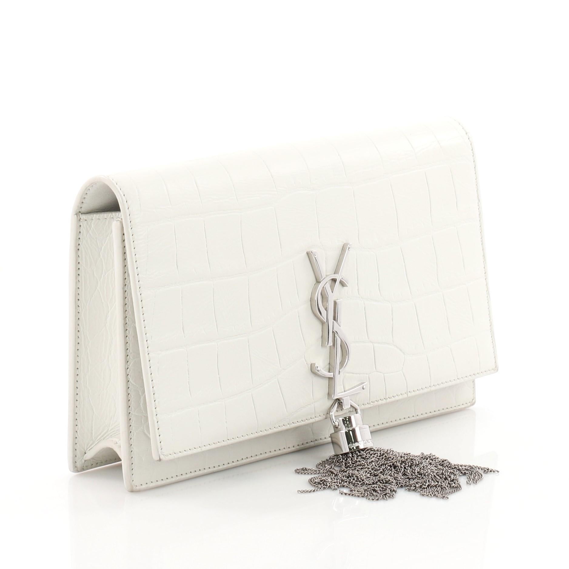 Beige Saint Laurent Classic Monogram Tassel Chain Wallet Crocodile Embossed Leather