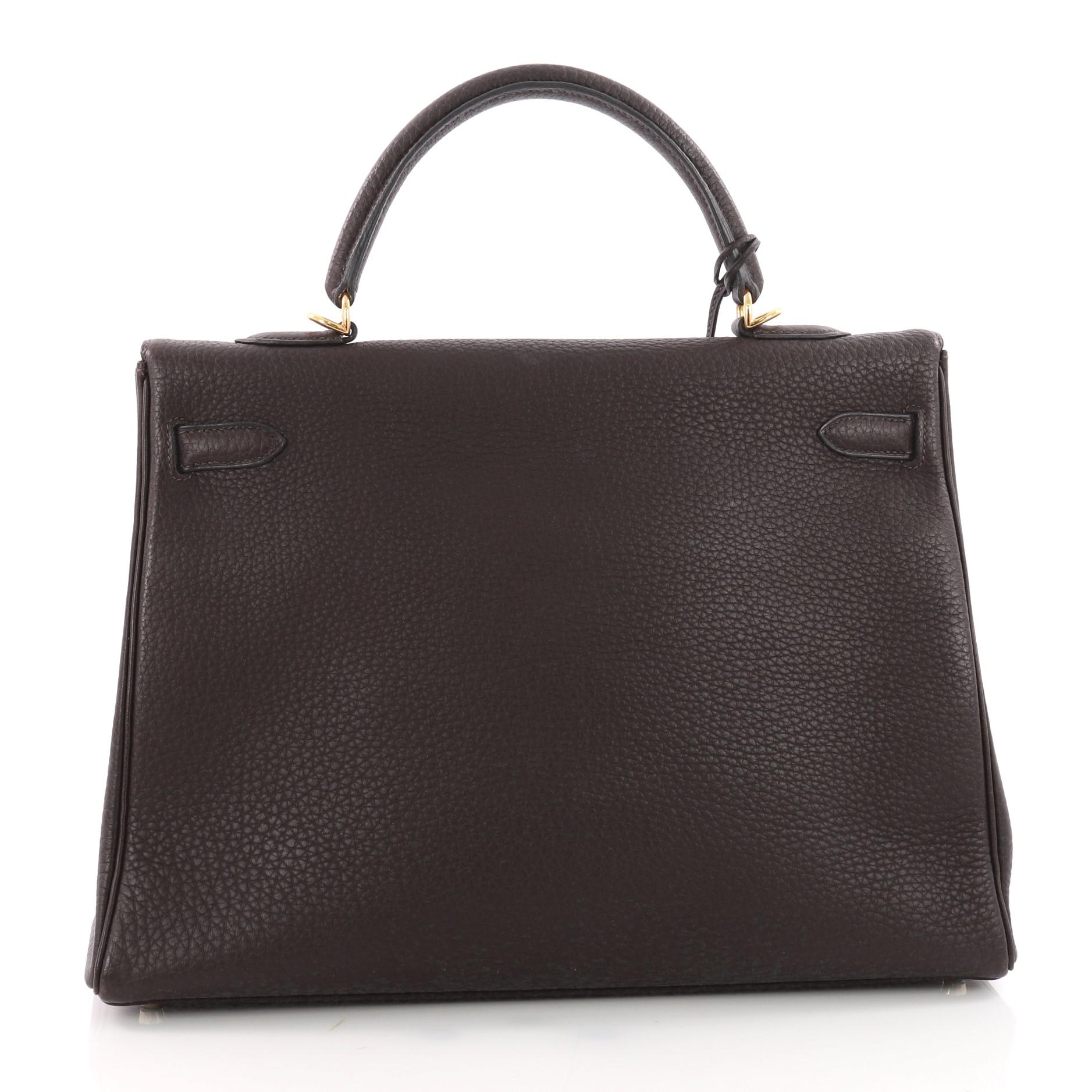 Hermes Kelly Handbag Cafe Brown Fjord with Palladium Hardware 35 In Good Condition In NY, NY