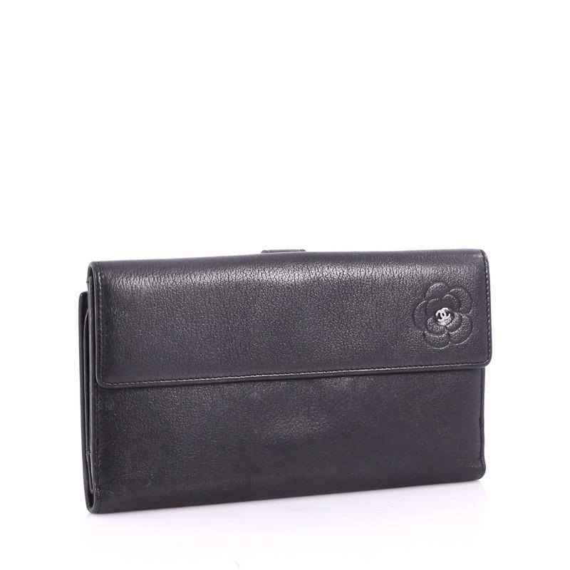 Black Chanel Camellia Flap Wallet Leather Long