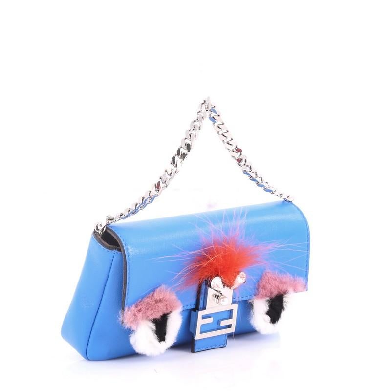 Blue Fendi Monster Baguette Leather and Fur Micro