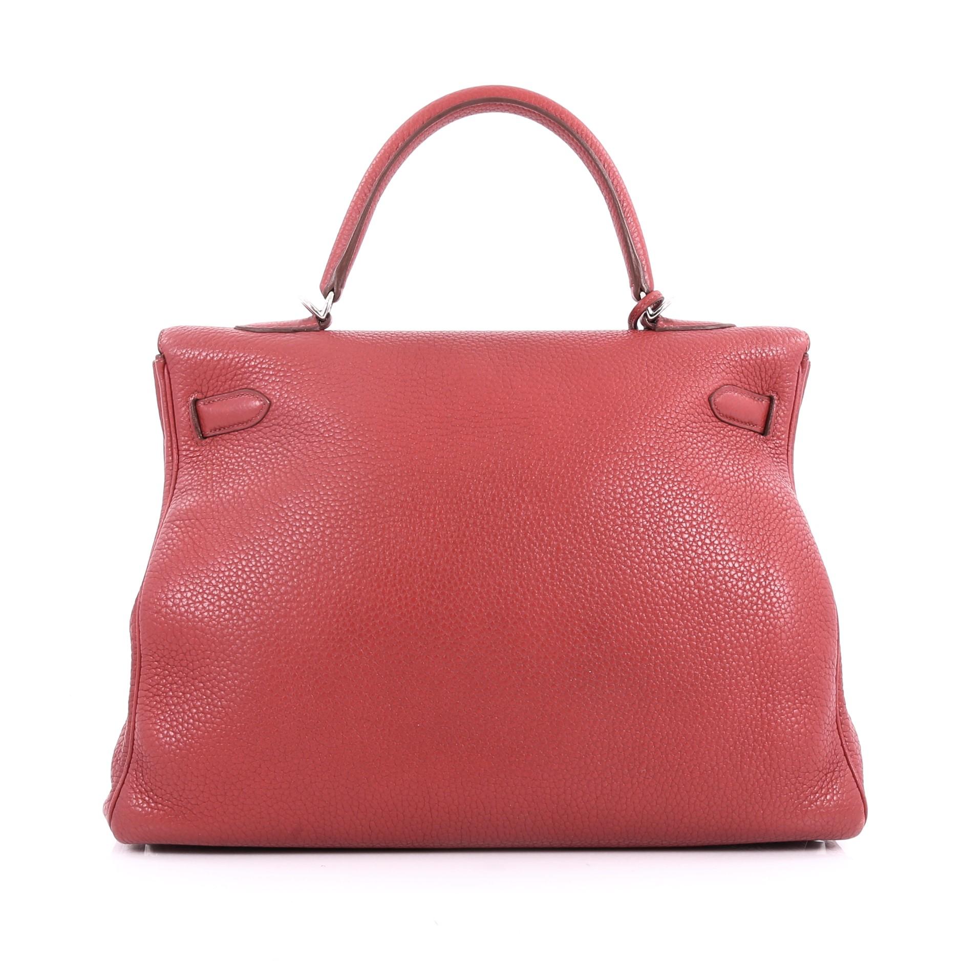 Hermes Kelly Handbag Rouge Garance Clemence with Palladium Hardware 35 In Good Condition In NY, NY