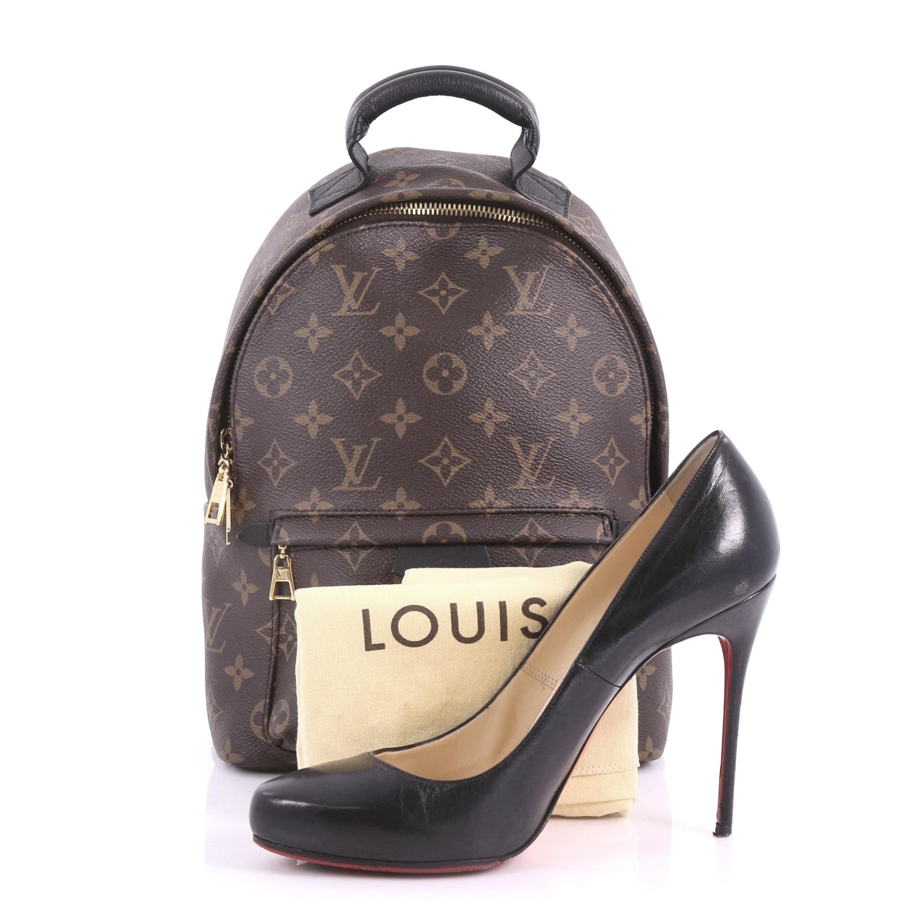 This authentic Louis Vuitton Palm Springs Backpack Monogram Canvas PM is a standout from the brand's collection made for care-free urban fashionistas. Crafted from brown monogram coated canvas, this functional backpack features a padded leather top