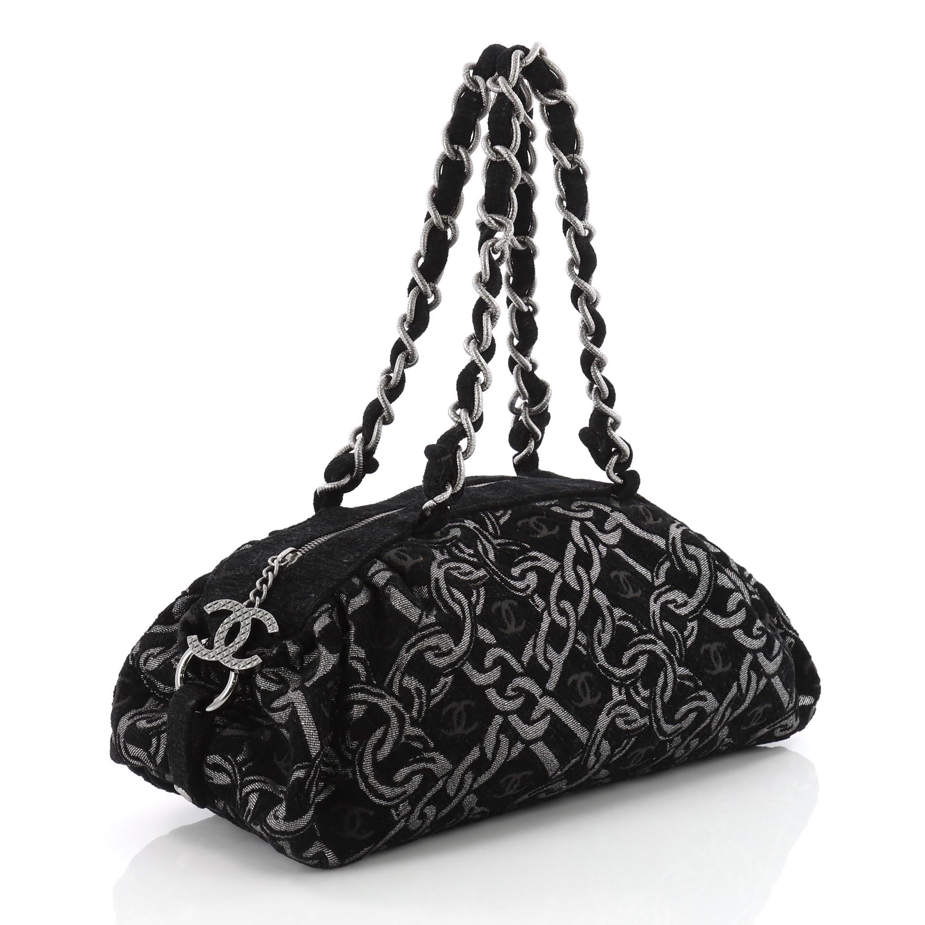 Black Chanel Vintage Zip Bowler Bag Printed Tweed Large