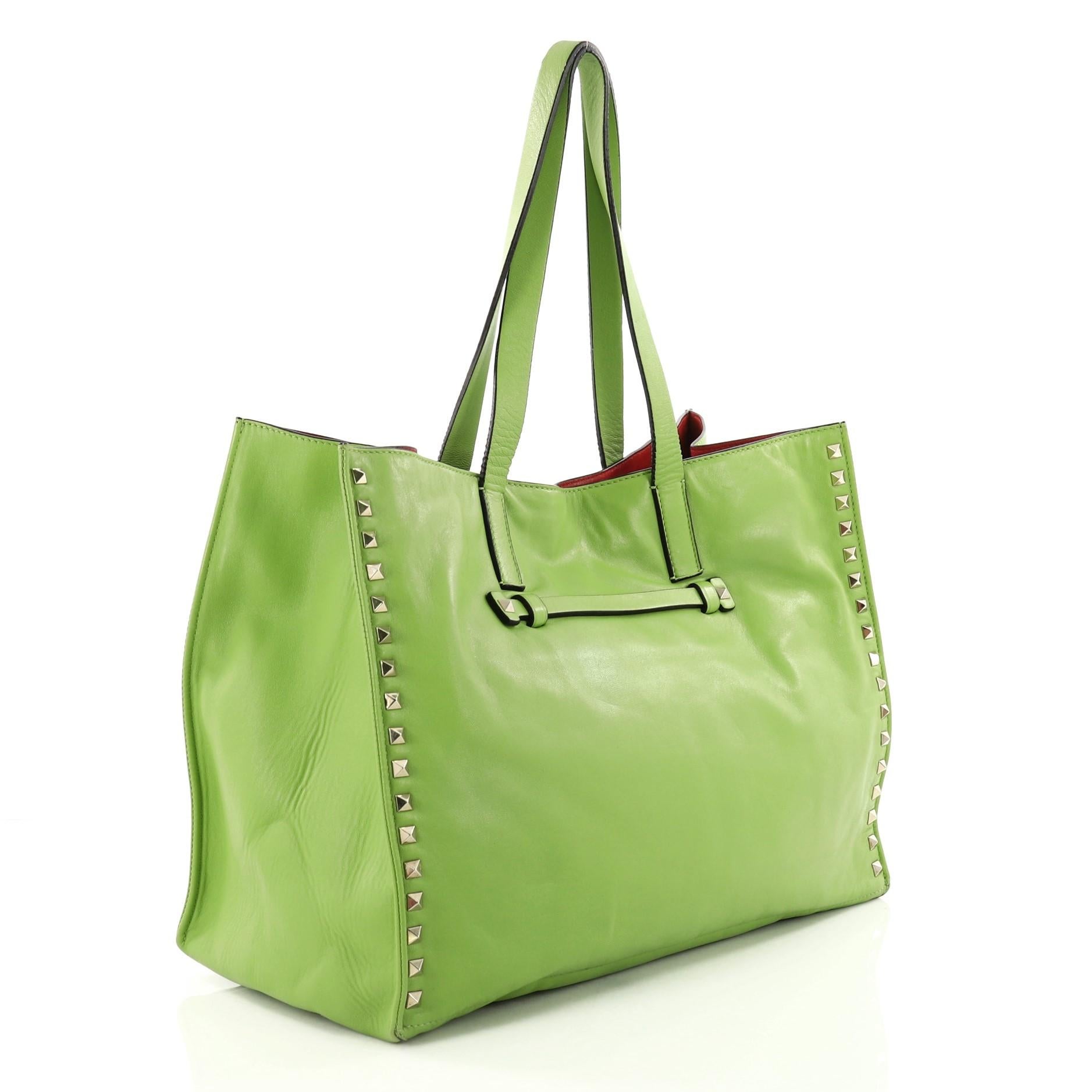 Green Valentino Rockstud Open Tote Leather Medium