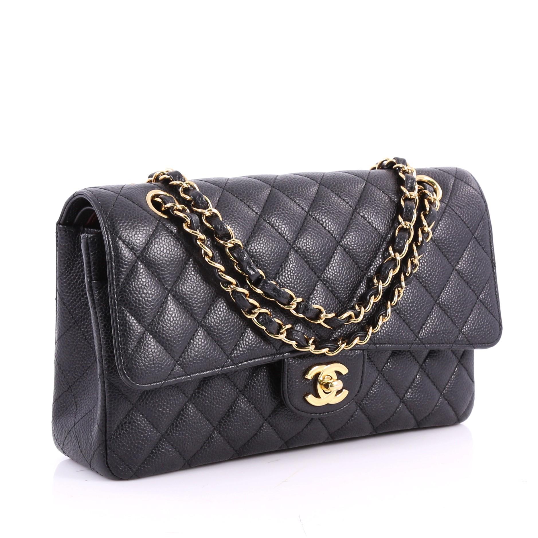 Black Chanel Classic Double Flap Bag Quilted Caviar Medium