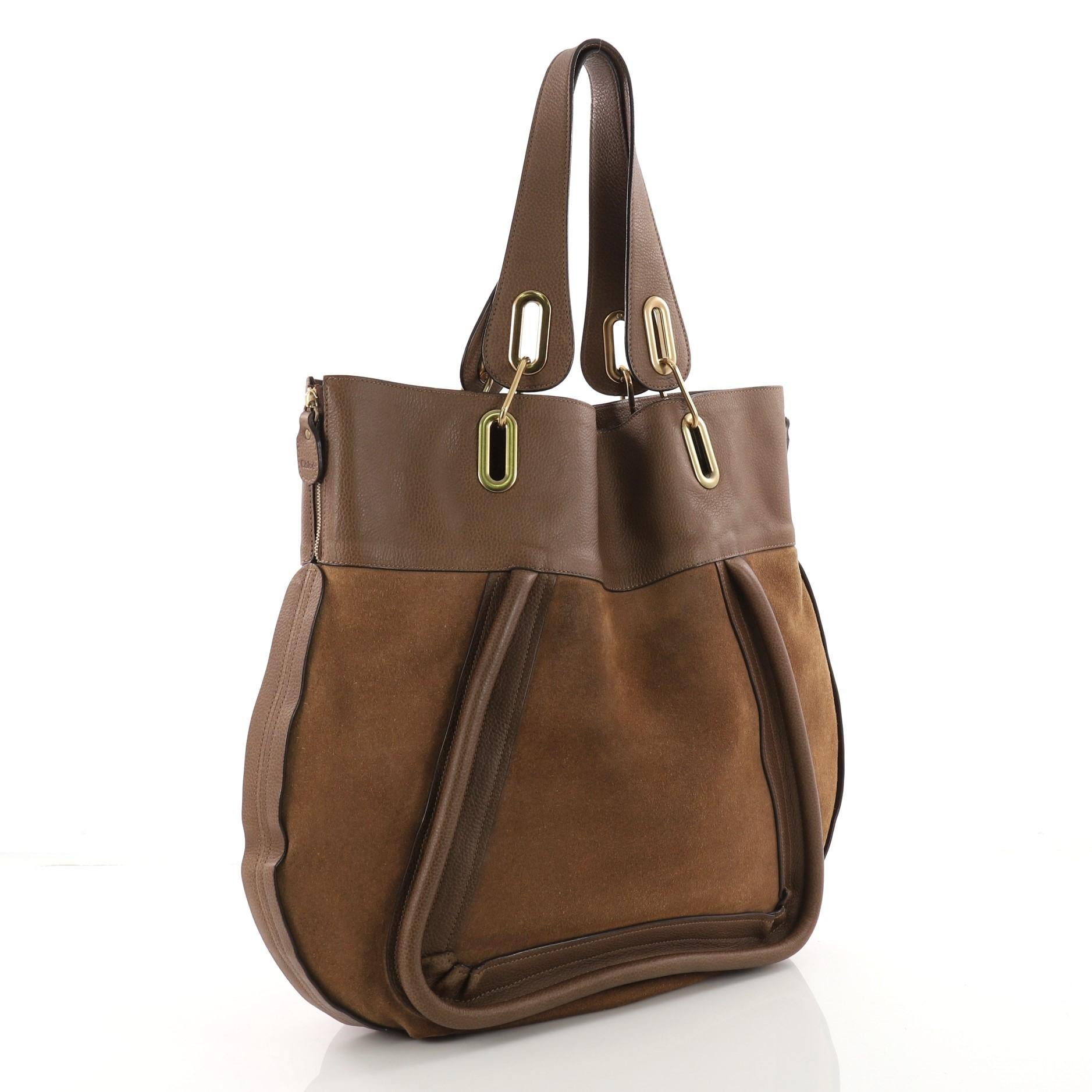 Brown Chloe Paraty Side Zip Tote Suede with Leather Large