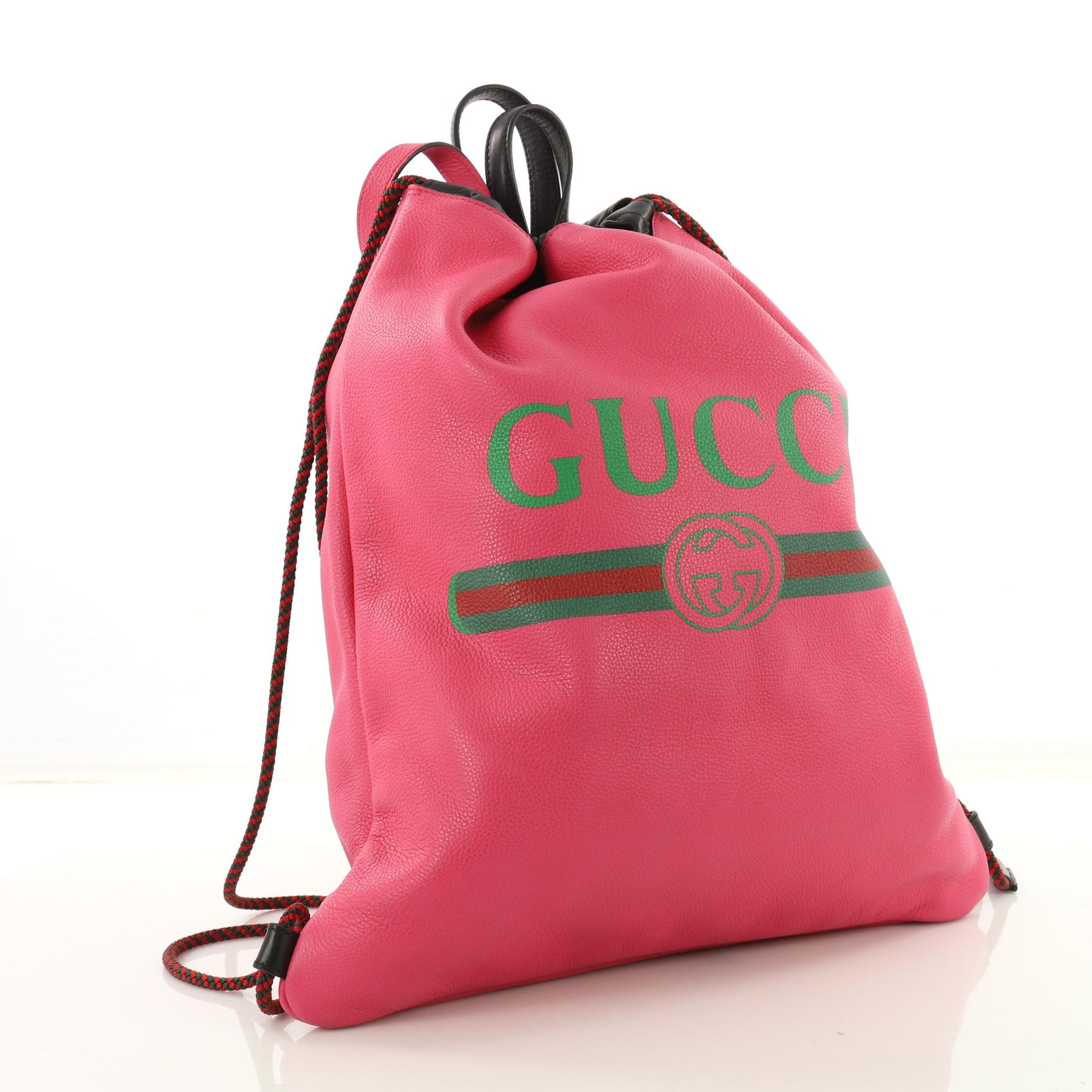 Pink Gucci Logo Drawstring Backpack Printed Leather Large