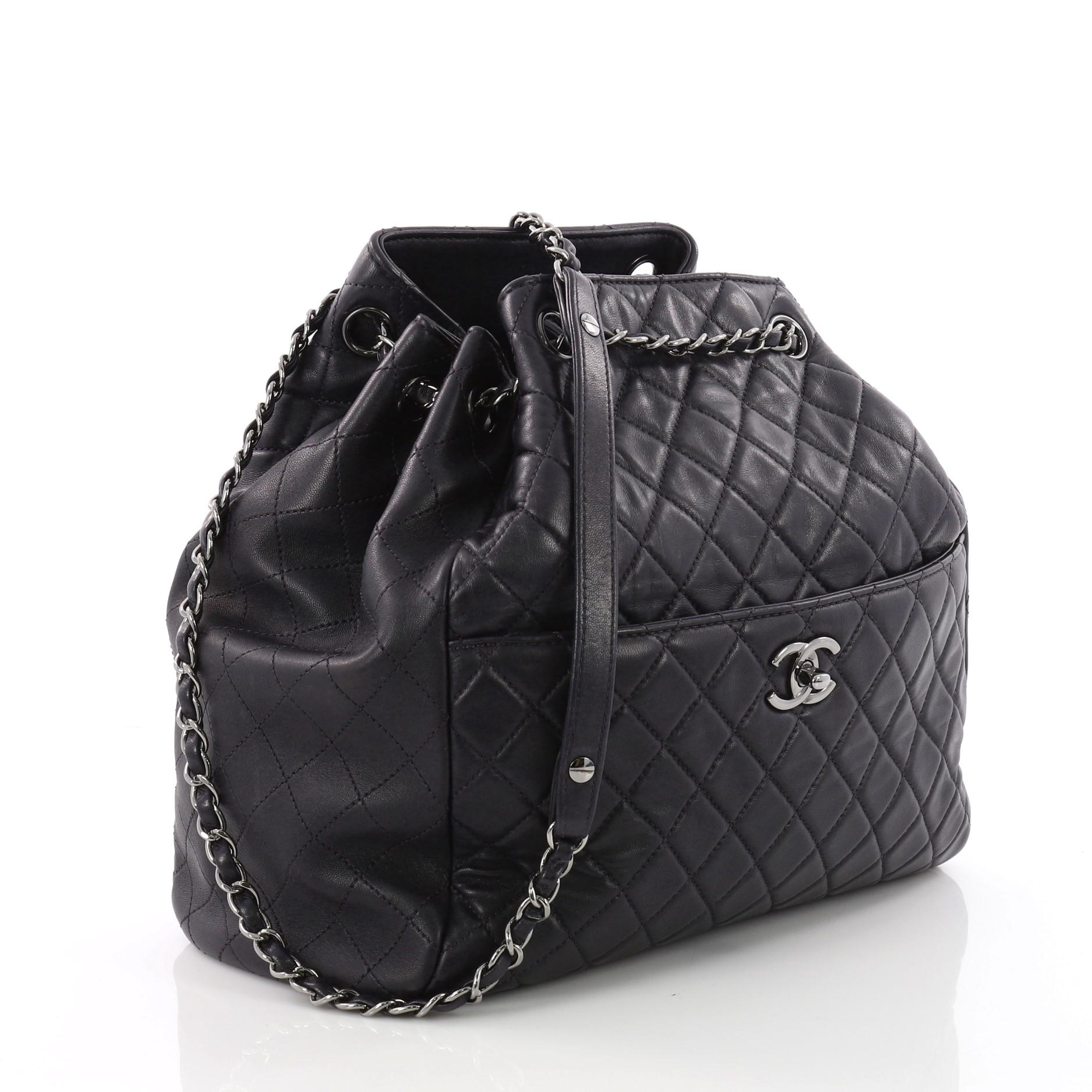 Black Chanel Drawstring CC Lock Bucket Bag Quilted Lambskin Medium 