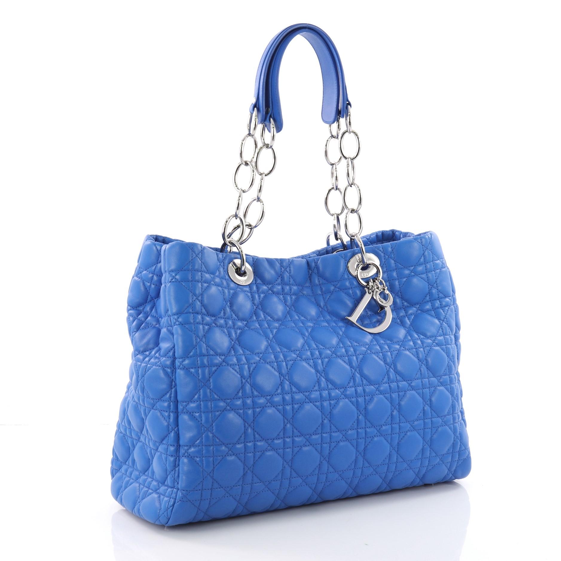 Blue Christian Dior Soft Chain Tote Cannage Quilt Lambskin Large