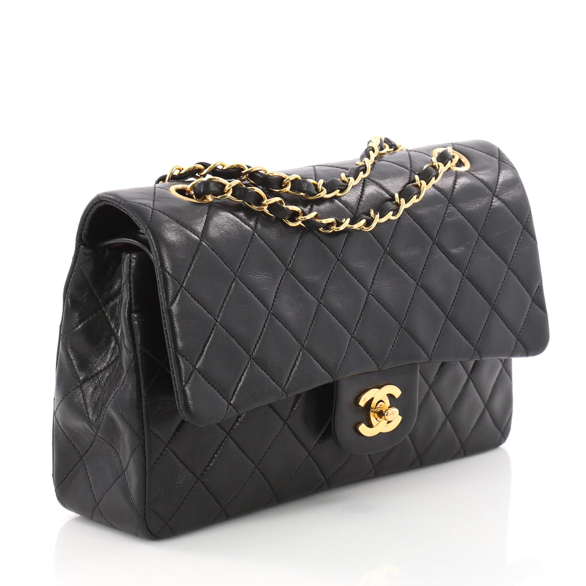 Black Chanel Vintage Classic Double Flap Bag Quilted Lambskin Medium