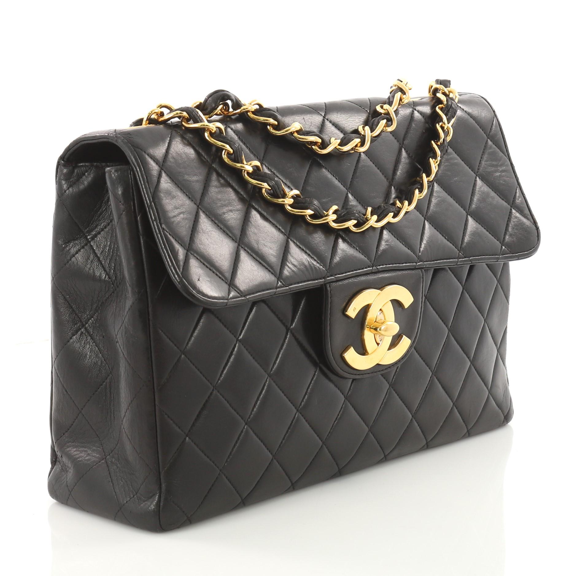 Black Chanel Vintage Square Flap Bag Quilted Lambskin Jumbo