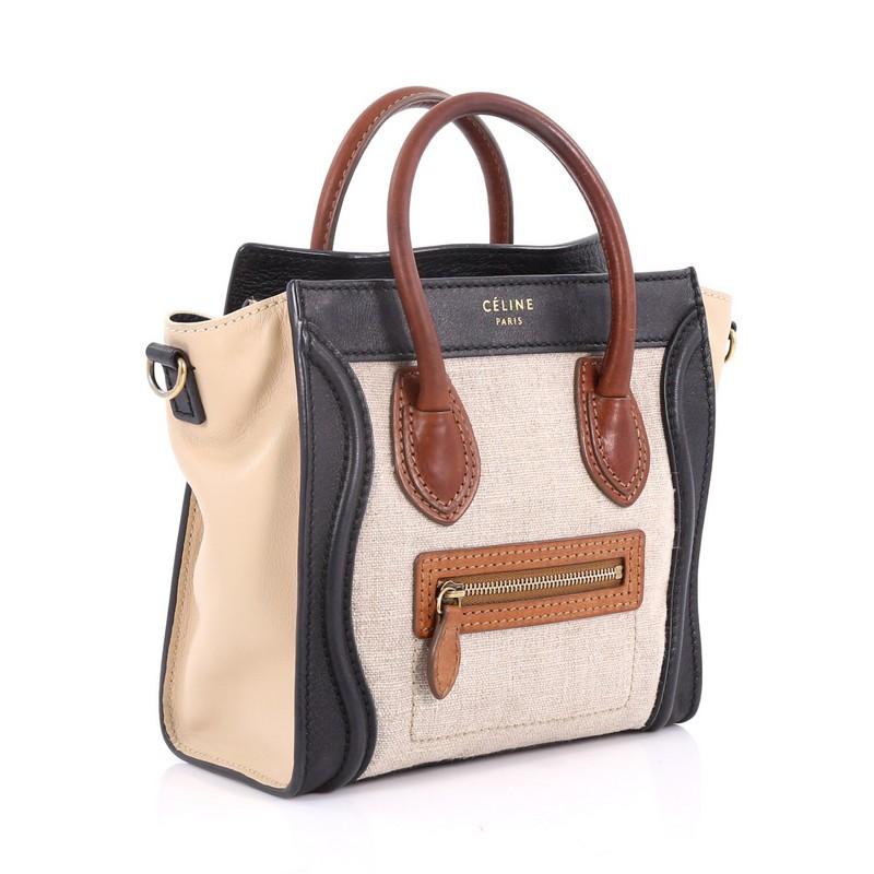 Beige Celine Tricolor Luggage Handbag Canvas and Leather Nano
