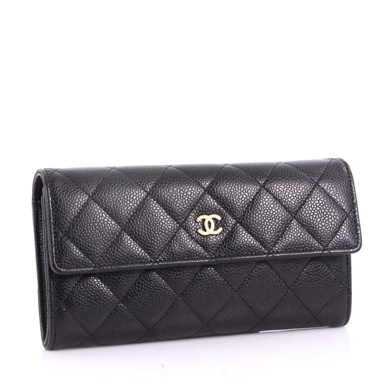 Black Chanel CC Gusset Flap Wallet Quilted Caviar Long