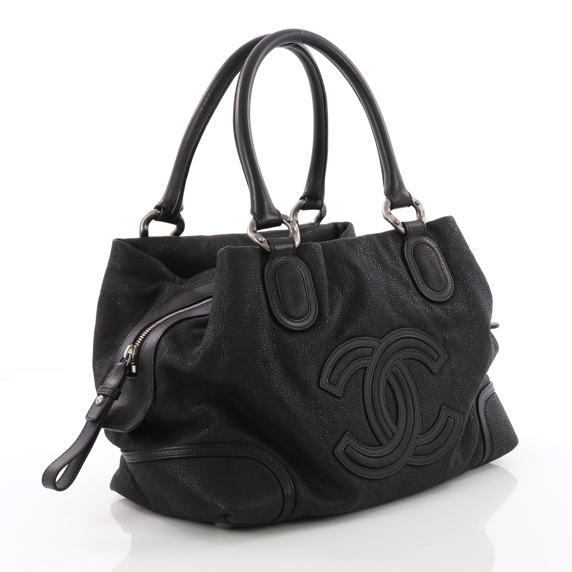 Black Chanel CC Bowling Bag Iridescent Goatskin Medium