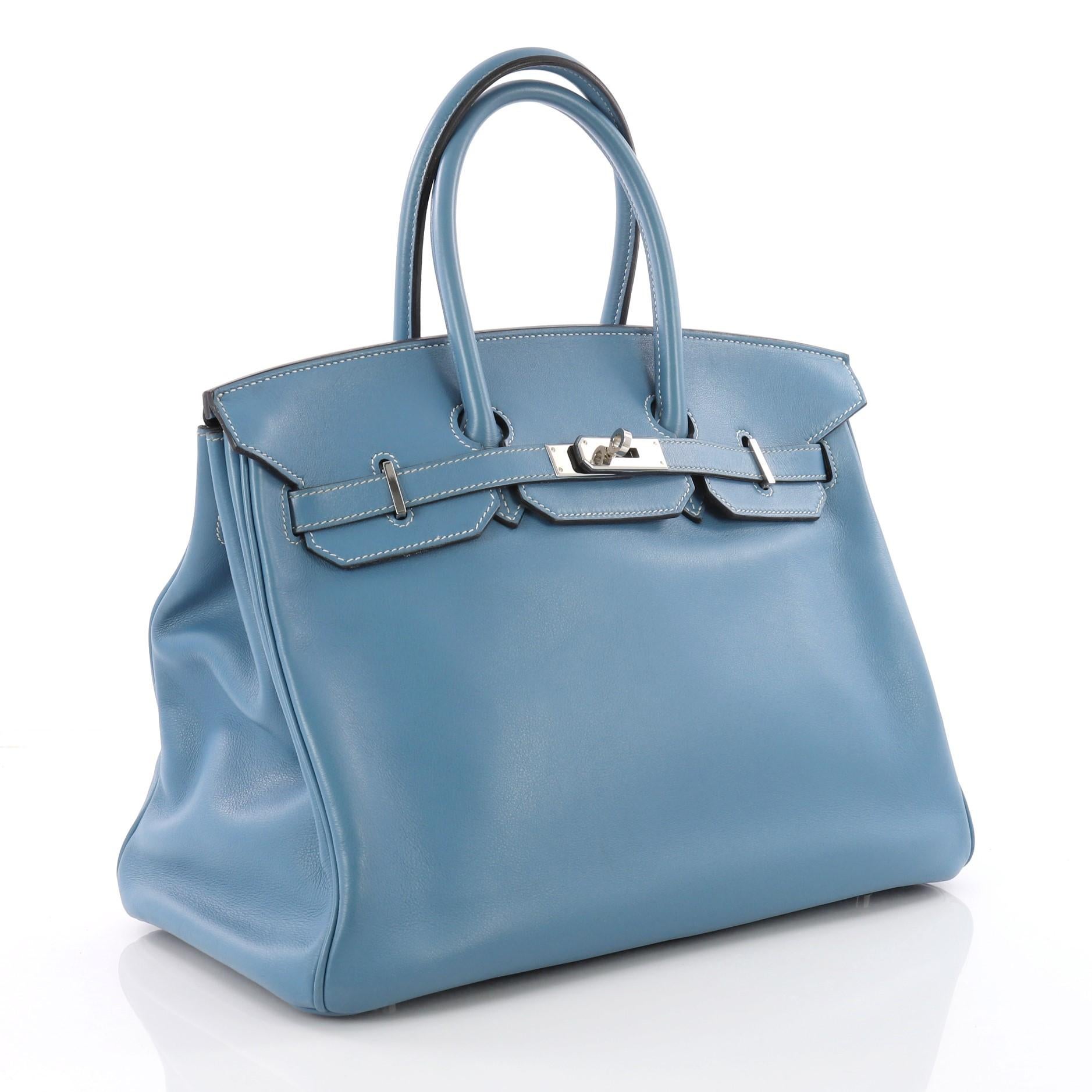 Hermes Birkin Handbag Blue Jean Swift with Palladium Hardware 35 In Fair Condition In NY, NY