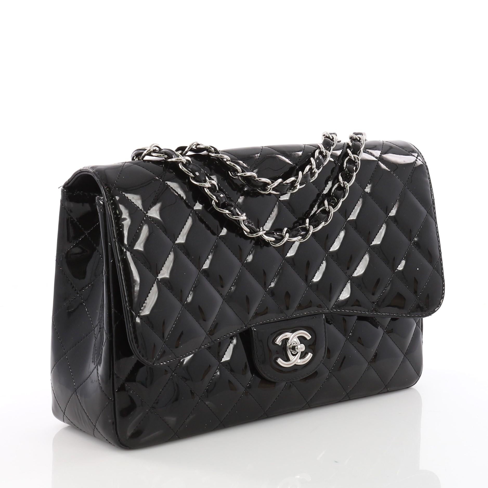 Black Chanel Classic Single Flap Bag Quilted Patent Jumbo