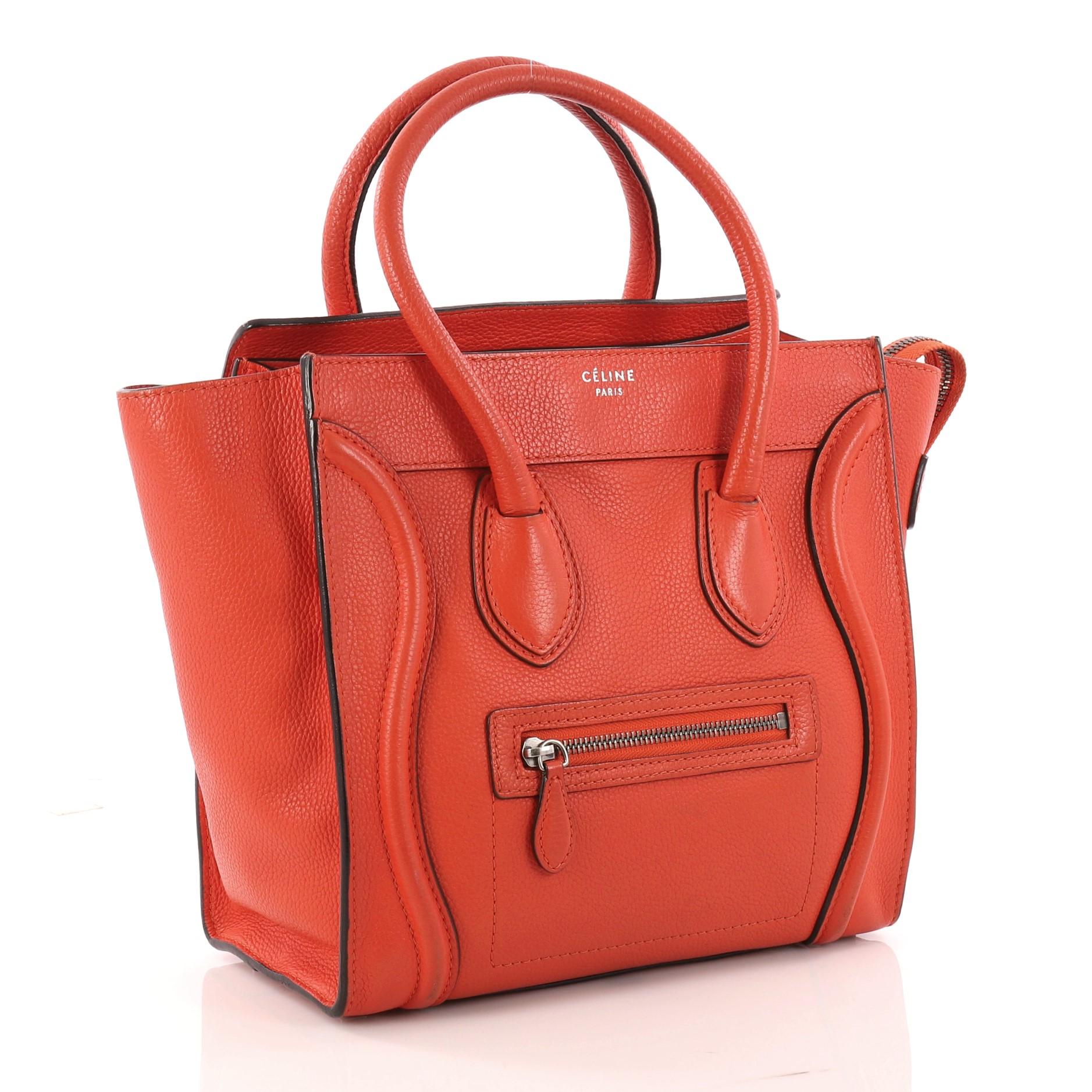 Red Celine Luggage Handbag Grainy Leather Micro