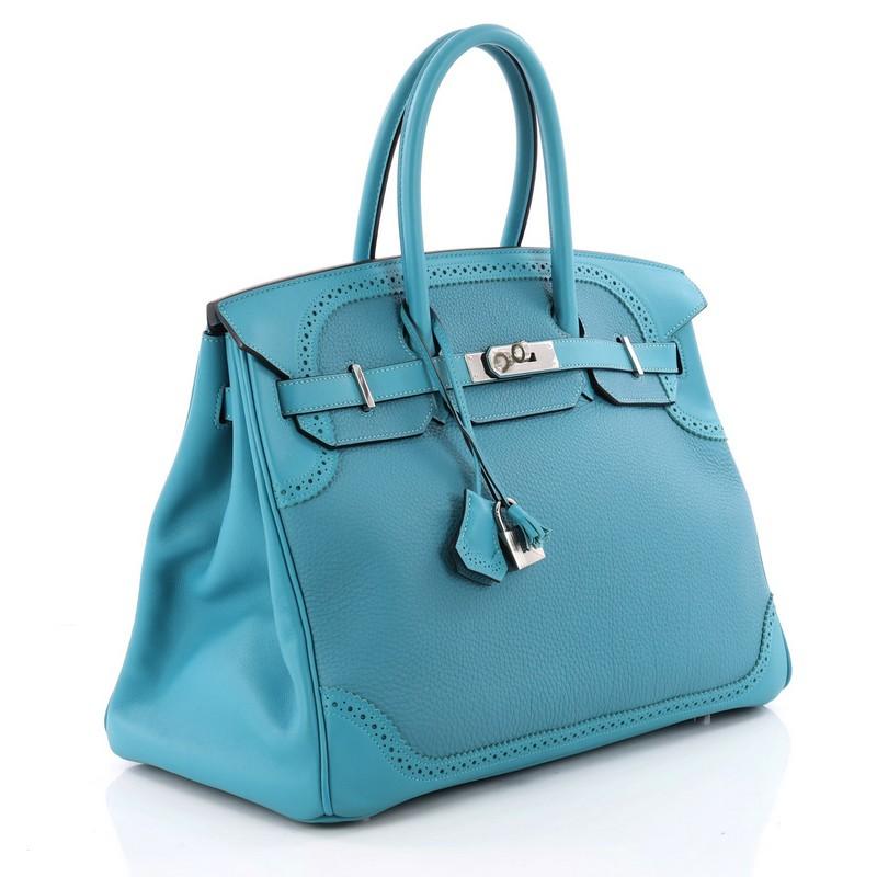 Blue Hermes Birkin Ghillies Handbag Turquoise Togo and Swift with Palladium Hardware