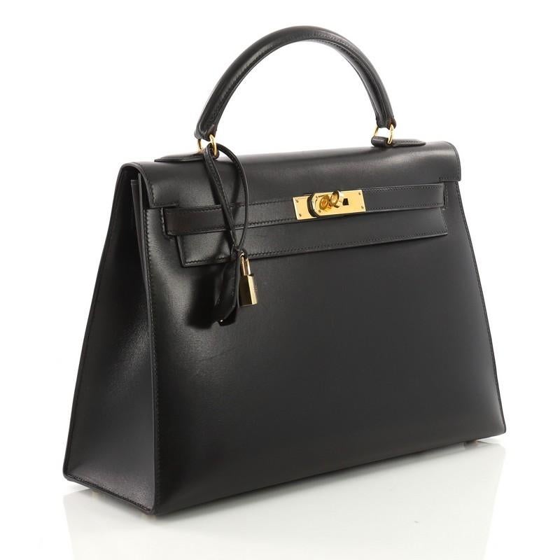 Hermes Kelly Handbag Black Box Calf with Gold Hardware 32 In Good Condition In NY, NY